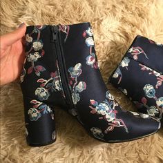 Pretty Floral Print Boots From Urban Outfitters! Blue Juliet Floral Ankle Boots Woven Jacquard Boot Blue Heels With Floral Print And Round Toe, Blue Floral Print Heels With Round Toe, Chic Blue Heels With Floral Print, Chic Blue Floral Print Heels, Urban Outfitters Boots, Floral Ankle Boots, Chunky Ankle Boots, Lace Up Block Heel, Urban Outfitters Shoes