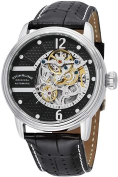 Stuhrling Original Stainless Steel Case on Black Perforated Alligator Embossed Genuine Leather Strap with White Contrast Stitching, Black Skeletonized Dial, with Silver Tone Accents Linework Drawing, Classic Watches, Mens Cologne, Mens Gift Sets, Surf Shop, Pump Sandals, Baby Clothes Shops, Stainless Steel Case, Embossed Leather