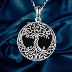 Black Onyx Tree of Life Necklace 925 Sterling Silver Celtic Knot Pendant Necklace for Women Jewelry Sterling Silver Necklace With Black Enamel, Silver Tree Of Life Round Pendant Necklace, Silver Pendant With Black Enamel, Black Engraved Pendant Jewelry, Sterling Silver Pendant Necklace With Black Enamel, Black 925 Stamped Pendant Jewelry, Black Necklace With Sterling Silver Clasp, Black Sterling Silver Necklace With Silver Clasp, Black Pendant Necklace With Silver Chain