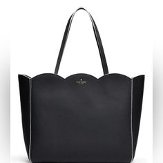 Kate Spade Black Shoulder Bag Leather Leewood Place Rainn Scallop Edge Tote Black Leather Tote Bag, Kate Spade Totes, Kate Spade Tote Bag, Scallop Edge, Zipper Tote Bag, Black Leather Tote, Kate Spade Purse, Large Shoulder Bags, Black Shoulder Bag