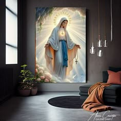 a painting of the immaculate mary on display in a living room