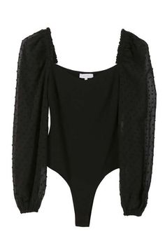 a black one piece swimsuit with puff sleeves and polka dots on the bottom,