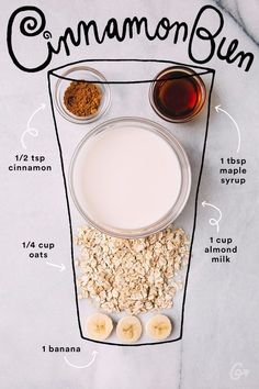 ingredients to make an oatmeal smoothie laid out on a white background