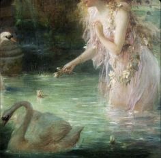 a painting of a woman in the water with swans