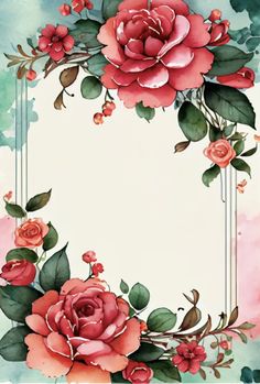 a watercolor painting with roses and leaves