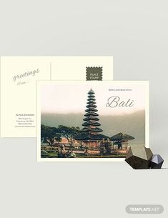 an image of a postcard with the word bali on it and a photo of a pagoda