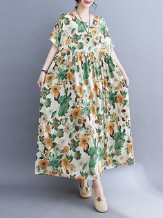 Floral Printed Pleated Split-Joint Loose Short Sleeves Round-Neck Midi Dresses Cheap Clothing, Vintage Spring, Green Midi Dress, Loose Shorts, Midi Dresses, Women Dresses, Floral Printed, Cotton Style, Clothing Women