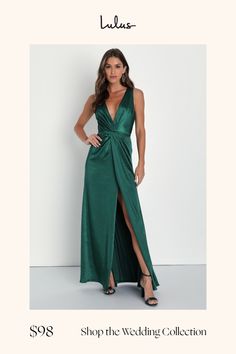 a woman in a long green dress with the words shop the wedding collection on it