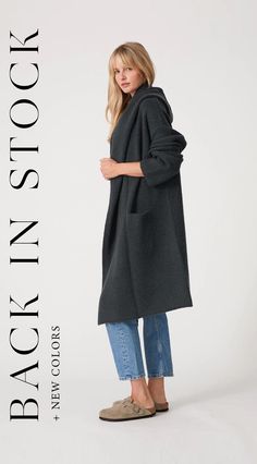 The sweater coat of your dreams is back! Like a heavy blanket with arms but way more flattering, this oversized sweater coat with a buttery soft, slouchy feel is exactly what you need to seamlessly transition to cooler weather. This ultra-cozy boho sweater coat doubles as a loungewear housecoat, or wear it over your date night dress for a casual, cozy look. #casualoutfit #wintersweater #sweaterweather #trending Comfy Soft-texture Fall Outerwear, Oversized Wool Outerwear With Shawl Collar, Cozy Long Outerwear With Pockets, Cozy Long Outerwear For Layering, Comfy Oversized Outerwear With Soft Texture, Cozy Outerwear With Soft Texture For Fall, Cozy Open Front Loungewear Outerwear, Cozy Open Front Sweater Coat For Cold Weather, Winter Loungewear Sweater Coat With Soft Texture