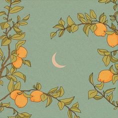 an orange tree with leaves and a half moon in the sky