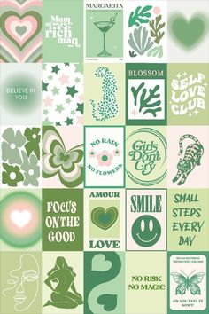 many different types of stickers are arranged in the shape of hearts and flowers, with words on them