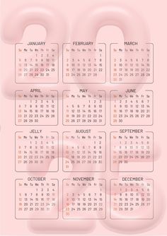 a calendar for the new year on a pink background with clouds in the shape of numbers