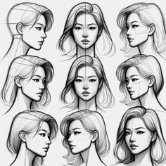 a bunch of different types of female heads and shoulders, all in black and white