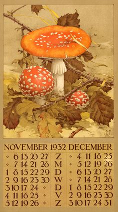 a calendar with mushrooms and leaves on it