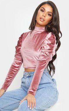 Crop Tops Designs For Jeans, Velvet Top Designs, Velvet Outfits, Top Designs For Women, Velvet Blouse, Crop Top Designs, Velvet Clothes, Ruched Sleeve