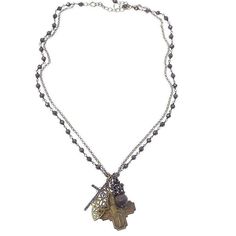 Two tone Crosses and charms on double chain with pyrite. Chain length: 16" + 2 1/2" extender Medal has: 1 1/2" drop Made in America Silver Brass Charm Necklace With Chain, Silver Brass Charm Necklaces With Dangle, Silver Brass Dangle Charm Necklaces, Double Chain, Fairy Grunge, Made In America, Cross Pendant, Chain Lengths, Chain Length