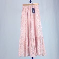 Darling Blush Maxi Shirt. Pull On Waist And Fully Lined. Soft Lace. Pink Lace Skirt For Spring, Pink Lace Tiered Skirt, Pink Flowy Lace Skirt, Pink Lace Flowy Skirt, Spring Lace Skirt For Day Out, Maxi Shirts, Lined Skirt, Pink Skirt, Womens Skirt