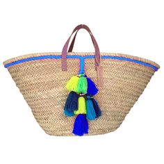 straw beach Bag 21 x 13,7 in Handle rope 19 in straw beach Bag 54 x 35 cm Handle rope 50 cm Straw Basket small wool pom pom neon blue French Basket, Beach Basket, French Baskets, Wool Bags, Straw Beach Bag, Straw Basket, Hand Woven Baskets, Handmade Baskets, Straw Bags