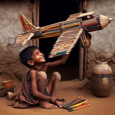 a young boy sitting on the ground next to a pile of pencils