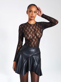 Maisie Black Lace Long Sleeve Bodysuit Sheer Gloves, Tie Dye Jumpsuit, Lace Print, Maxi Dress Cocktail, Lace Long Sleeve, Sparkly Dress, Feminine Beauty, Leather Mini Skirts, Dress With Cardigan