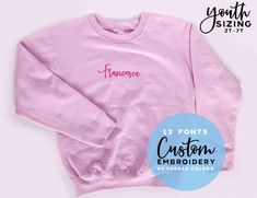 "This listing is for 1 personalized embroidered toddler sweatshirt. This custom is the perfect gift for the child in your life. Add up to 2 words or names to the sweatshirt. With 40 options for thread color and 5 beautiful sweatshirt shades. Get your child's name monogrammed on this super comfy fleece pullover, all customized to them! HOW TO ORDER: -Choose sweatshirt color and size (Please use our measurements for more precise sizing) -Choose between our 12 options of embroidered fonts available Pink Long Sleeve Sweatshirt With Embroidered Logo, Pink Long Sleeve Hoodie With Embroidered Text, Pink Crew Neck Sweater With Embroidered Logo, Pink Crew Sweatshirt With Embroidered Logo, Pink Relaxed Fit Sweatshirt With Embroidered Logo, Pink Sweatshirt With Embroidered Logo Relaxed Fit, Pink Embroidered Logo Sweatshirt, Relaxed Fit, Pink Hoodie With Embroidered Text For Winter, Pink Long Sleeve Sweatshirt With Custom Embroidery