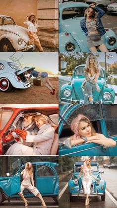 the collage shows several different vintage cars and women in white dresses, with one woman leaning on an old blue car