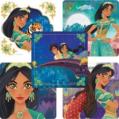 disney princesses are depicted in this set of coasters