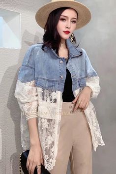 Lace Spliced Loose Denim Jacket – Tomscloth Casual Tops With Lace Patchwork For Layering, Trendy Lace Patchwork Top For Spring, Spring Lace Patchwork Top For Layering, Spring Patchwork Top For Day Out, Casual Spring Outerwear With Lace Trim, Casual Lace Trim Outerwear For Fall, Casual White Outerwear With Lace Trim, Sleeveless Patchwork Outerwear For Summer, Casual Sleeveless Patchwork Outerwear