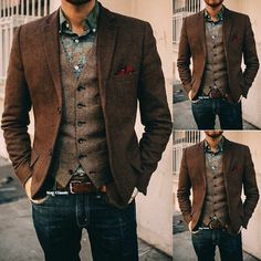 Tweed Groom, Tuxedos Wedding, Groom Tuxedo Wedding, Suit Brown, Prom Tuxedo, Formal Men Outfit, Herringbone Blazer, Groom Tuxedo, Black Jeans Men