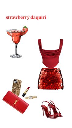 the contents of a red sequin dress and shoes are arranged on a white background