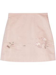 light pink mulberry silk floral embroidery concealed rear zip fastening A-line thigh-length straight hem Pink Silk Skirt, Pink Skirt Set, Shiatzy Chen, Ariana Grande Style, Alpine Meadow, City Dress, Iconic Bags, Pink Skirt, Summer Beach Wear