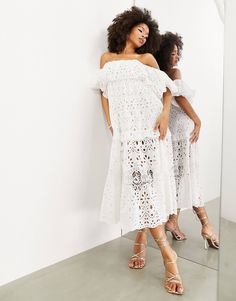 ASOS EDITION blouson off shoulder tiered eyelet midi dress in white | ASOS Summer Off-shoulder Lace Midi Dress, Summer Lace Off-shoulder Midi Dress, Summer Eyelet Midi Dress, Spring Off-shoulder Midi Dress For Daywear, Spring Eyelet Midi Dress For Brunch, Spring Brunch Eyelet Midi Dress, White Midi-length Off-shoulder Dress, White Midi-length Off Shoulder Dress For Brunch, White Off Shoulder Dress For Spring Day Out