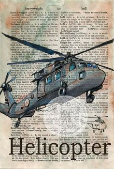 a drawing of a helicopter on top of an old book page with the words helicopter above it