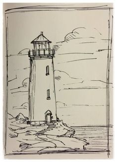 Drawing Ideas Lighthouse, Lighthouse Drawing Reference, Pen Drawings Landscape, Lighthouse Landscape Drawing, Ink Scenery Drawing, Random Scenes To Draw, Landscape Art Pencil Sketch, Sketch Scenery Landscapes, Art Sketches Scenery