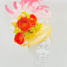 Handmade by Featured Milliner of The Kentucky Derby Museum 2023 & 2024! Bundle of orange peonies on butter yellow base with pink feathery. Loveyl, fresh spring bouquet on your head! Attaches with headband.  Not taking customs this year--Derby 150 is going to be massive and mom life keeps me running! However, happy to suggest pieces that will coordinate with your outfit. If you don't love the way this attaches to your head--message me!  I can swtich *most* pieces to your preference. Clip, Headban Yellow Fascinator For Kentucky Derby Garden Party, Yellow Fascinator For Kentucky Derby Party, Yellow Hat For Kentucky Derby, Orange Kentucky Derby Fascinator Hat, High-end Yellow Mini Hat For Kentucky Derby, Kentucky Derby Fascinator, Derby Fascinator, Kentucky Derby Hat, Derby Party