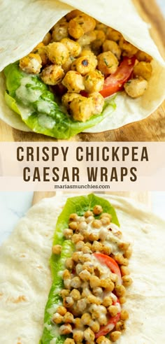 chicken caesar wraps with lettuce, tomatoes and chickpeas in the middle