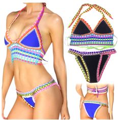 This Stunning Crochet Neoprene Bikini With Rainbow-Hued Elasticated Wide Waistband Is Guaranteed To Get You Noticed On The Beach. Halterneck, Self-Tie Back, No Claps Closures Ensuring A Perfect Fit. A Matching Bikini Bottom Also In Beautiful Tie Up Crochet Pattern. It Is Handmade And Excellent Quality. Made From Crochet, Neoprene, And High-Tech Materials. Complete With A Straw Panama Hat And Vibrant Shades For A Sexy Look. Features Perfect For Active Days At Sand And Sea Than Traditional Suits F Straw Panama Hat, Traditional Suit, Sand And Sea, Crochet Swim, Swim Wear, Wide Waistband, Handmade Crochet, High Tech, Panama Hat