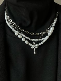 [CHEALIMPID] California Cross Multi-Layer Pearl Necklace na936 – Coverwin Edgy Pearl Jewelry, Hot Topic Aesthetic, Final Girl, Edgy Dress, Layered Pearl Necklace, Resin Jewelry Diy, Outfit Styles, Alternative Jewelry, Eyeliner Makeup