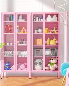 a pink bookcase filled with lots of toys