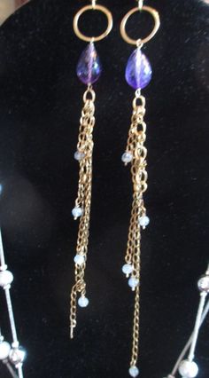 "Vintage Faux Amethyst Drop Earrings with 4 goldtone strands.  Drop length approx. 5\"." Adjustable Gold Earrings With Beaded Chain, Gold Multi-strand Jewelry With Dangling Beads, Gold Beaded Costume Jewelry Earrings, Purple Jewelry With Gold Beads For Party, Purple Gold Beaded Party Jewelry, Amethyst Gold, Earrings Inspiration, Ribbon Work, Creating Jewelry