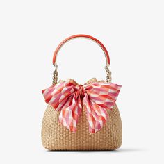 Bon Bon Bucket/S | Natural/Paprika Raffia Bucket Bag | JIMMY CHOO Jimmy Choo Bon Bon Bag, Raffia Bucket Bag, Designer Beach Wear, Jimmy Choo Handbags, Bucket Handbags, Womens Designer Bags, Woman Bags Handbags, Bon Bon, Small Bows