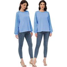 Elevate your casual wardrobe with the Anna-Kaci Women's Casual Sequin Balloon Long Sleeve Blouse. This top features long sleeves adorned with sequins, a loose round neck, and a comfortable, relaxed fit, perfect for adding a touch of sparkle to your party outfits. Blue Stretch Blouse For Night Out, Light Blue Casual Party Blouse, Blue Stretch Long Sleeve Blouse, Casual Light Blue Party Blouse, Light Blue Casual Blouse For Party, Elegant Light Blue Tops For Night Out, Elegant Stretch Light Blue Top, Elegant Light Blue Stretch Top, Elegant Light Blue Top For Night Out