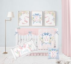 Made just for your baby girl, you're going to LOVE this personalized blue and pink bow crib bedding set! Perfect for any baby girl nursery bedding, personalize this shabby chic pink baby girl crib bedding set with your baby's name and monogram initials on these personalized baby girl crib bedding pieces for an adorable addition to your pink nursery, pink bow nursery, or grandmillenial nursery! ♥ CRIB BEDDING SET OPTIONS ~ 2 Piece Set: Baby girl crib sheet of your choice Personalized baby girl blanket ~ 3 Piece Set: Baby girl crib sheet of your choice Personalized baby girl blanket Personalized bow nursery pillow ~4 Piece Set: 2 baby girl crib sheets (both crib sheet #1 AND crib sheet #2 - 1 of each) Personalized baby girl blanket Personalized bow nursery pillow ♥ ADD ONS ~ Matching Changin Bow Nursery, Blue Crib Bedding, Baby Girl Crib Sheets, Baby Girl Crib Bedding Sets, Matching Wall Art, Nursery Decor Pink, Blue Crib, Crib Sheets Girl, Girl Crib Bedding Sets