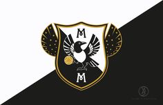 the m logo on a black and white background with gold accents, as well as an image of a bird holding a lemon in it's beak