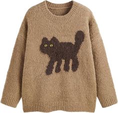 CIDER Wool-Blend Round Neckline Kitten Graphic Knitted Long Sleeve Top Curve & Plus: Brown, 2XL at Amazon Women’s Clothing store Sweaters Aesthetic, Loose Fit Sweater, Y2k Cute, Knitted Long Sleeve, Aesthetic Cat, Neckline Designs, Boho Floral Dress, Long Sleeve Short Dress, Brown Sweater