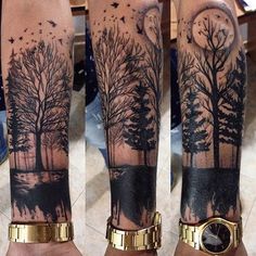 two people with tattoos on their arms and legs, both have trees in the background