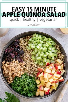 an apple quinoa salad in a bowl with apples, celery and raisins