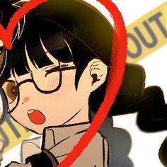 an anime character holding a magnifying glass in front of a heart shaped sign