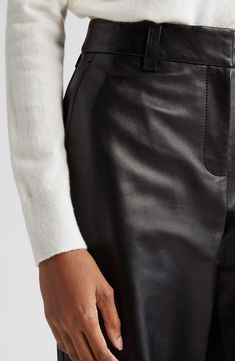 Modern pants tailored in a straight-cut, wide-leg silhouette are elevated in supple Italian napa lambskin. 30" inseam; 17" leg opening; 11 1/2" front rise; 13" back rise (size 8) Zip fly with hook-and-bar closure Side-seam pockets; back welt pockets Leather Professional leather clean Imported Designer Clothing Elegant Leather Wide Leg Work Pants, Leather Wide Leg Pants For Workwear, Full-length Leather Wide Leg Pants For Work, Full Length Leather Wide Leg Pants For Work, Chic Leather Wide Leg Pants, Luxury Straight Leg Leather Pants For Work, Sleek Leather Pants With Tapered Leg For Fall, Elegant Straight Leg Leather Pants For Fall, Sleek Tapered Leg Leather Pants For Fall