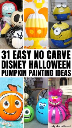 31 Easy Disney Pumpkin Painting Ideas Decorating A Pumpkin Ideas, Mike Wazowski Pumpkin Painting, Pumpkin Creative Ideas, Decorating Pumpkins Without Carving Kids, Coloring Pumpkin Ideas, Pumpkin Character Ideas, Decorate Pumpkin Ideas For Kids, Painted Character Pumpkins, Nemo Pumpkin Painting Ideas